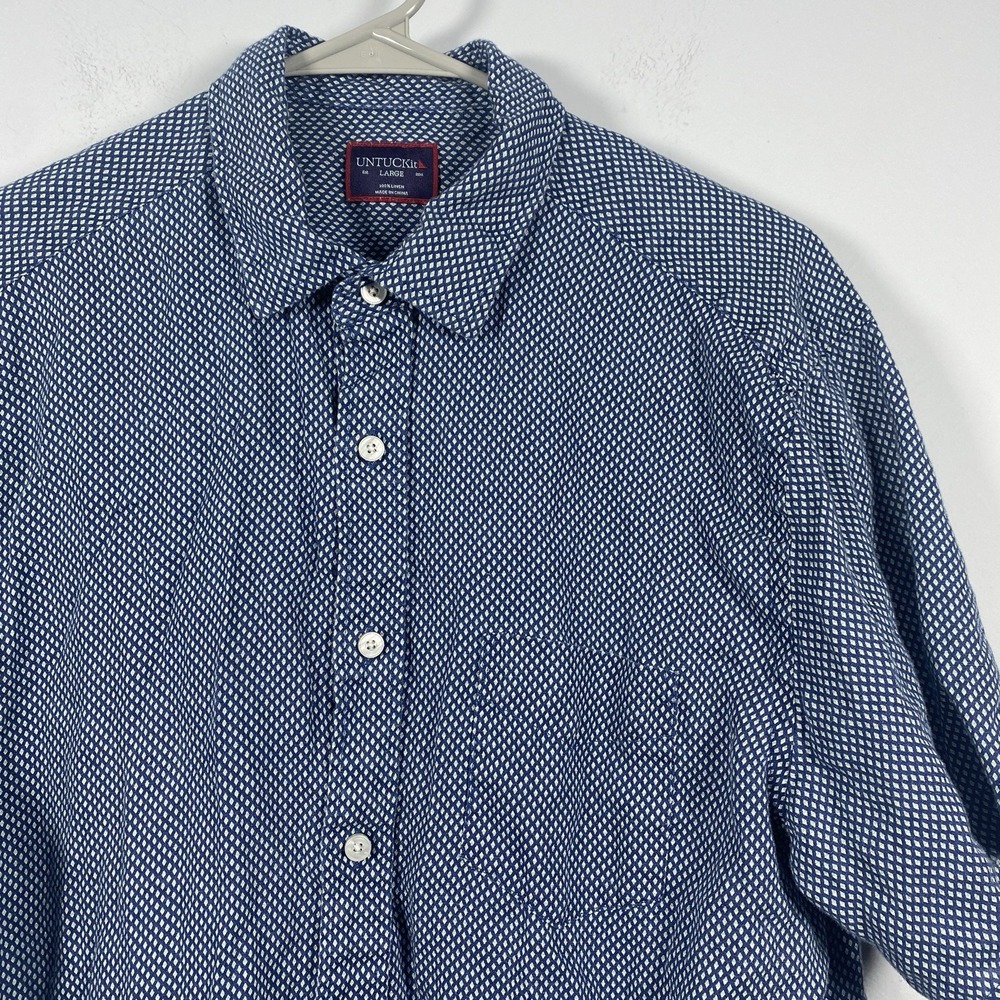 UNTUCKit Cadalso 100% Linen Navy Blue Geometric‎ Diamond Print Shirt Mens Sz L
